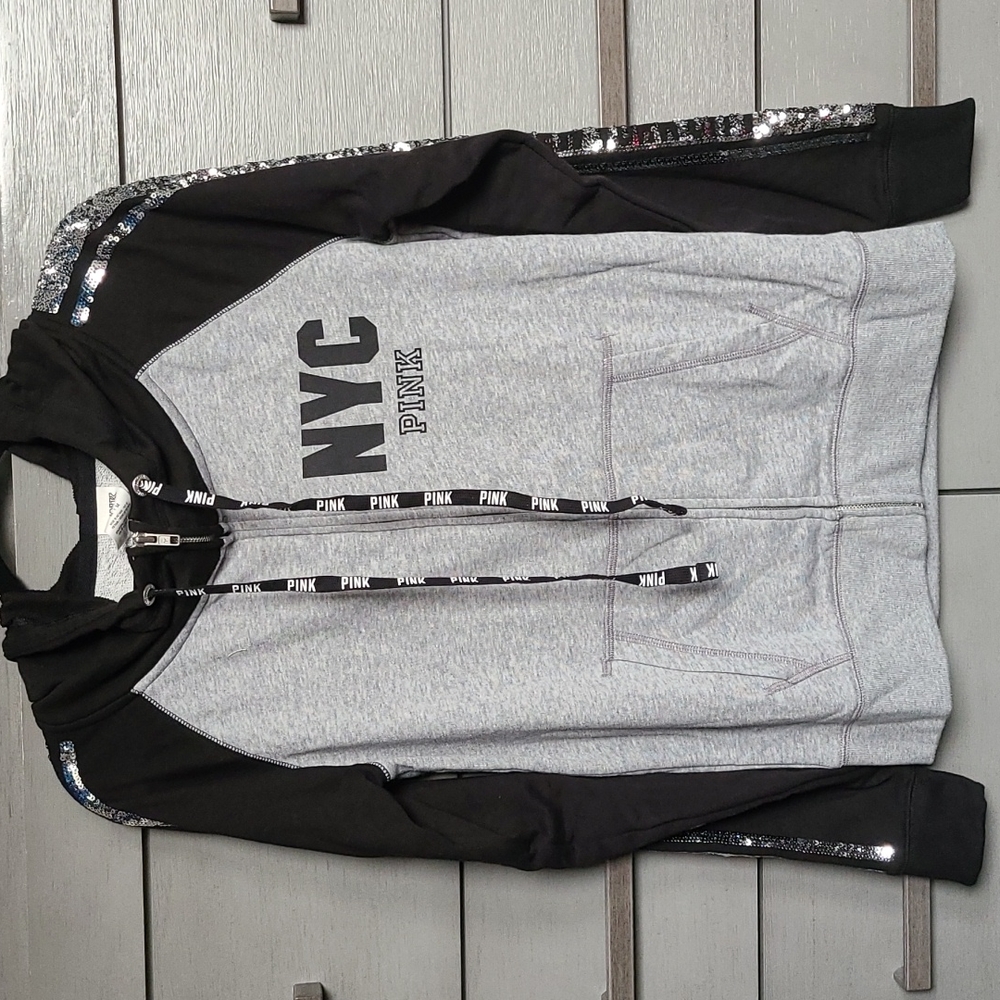 PINK Victoria's Secret Black Silver Sequin Bling Hoodie